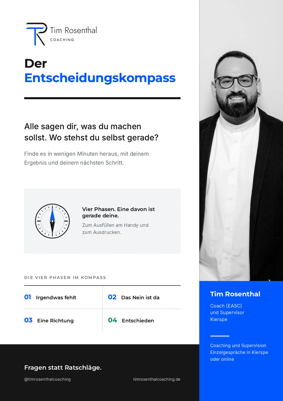 Titelseite des Entscheidungskompasses: oben das Wort Der, darunter in Blau das Wort Entscheidungskompass, weiter unten die vier Phasen Irgendwas fehlt, Das Nein ist da, Eine Richtung und Entschieden